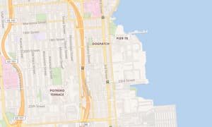 Overhead street map of Dogpatch, San Francisco, centered on Third Street and Pier 70