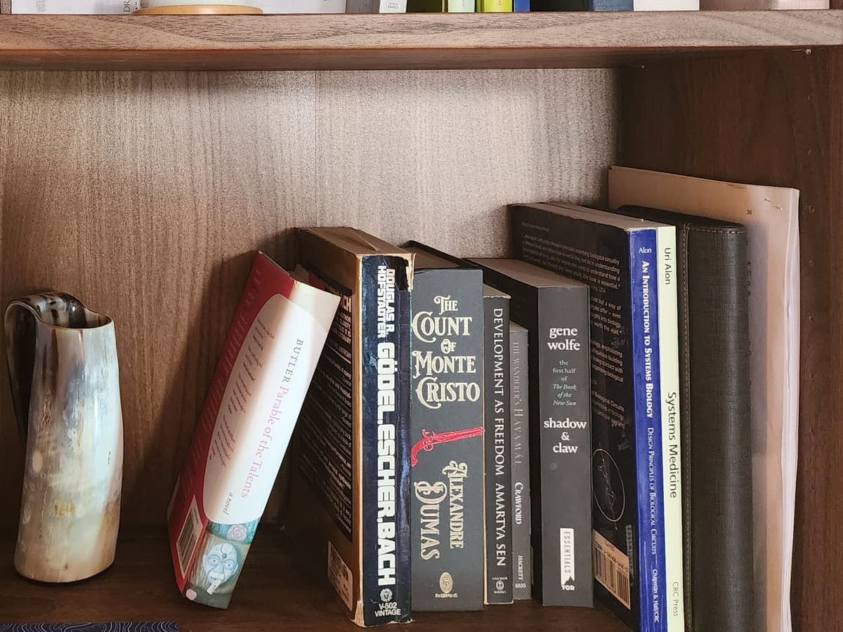 Close view of a residential shelf with texts spanning systems biology, medicine, political economy and fiction