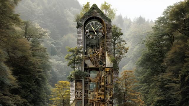 A clock tower with its machinery exposed in a forest
