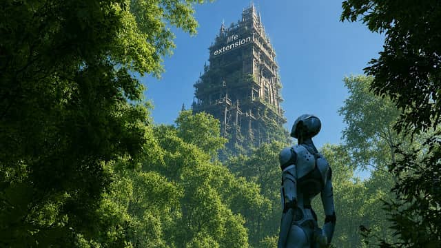 A robot looking toward a forest tower marked life extension